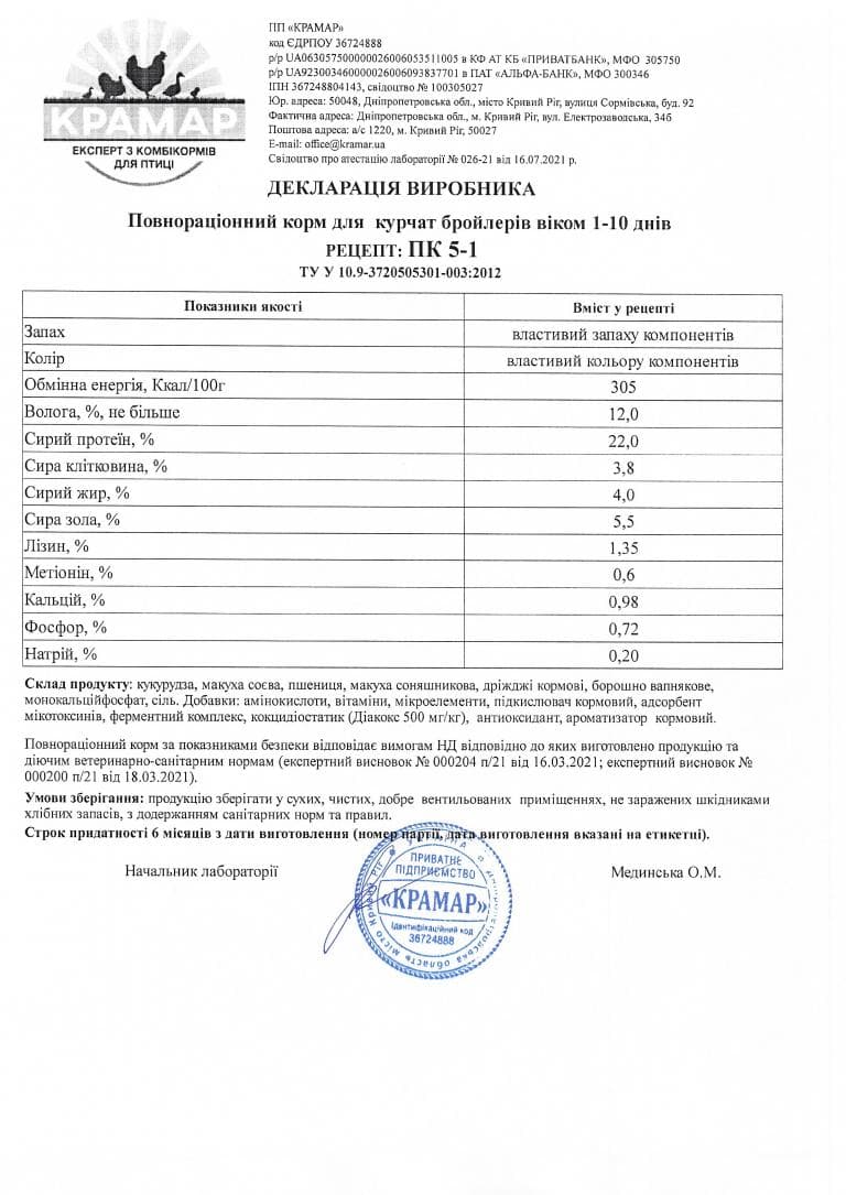 Сертифікати якості продукції Крамар